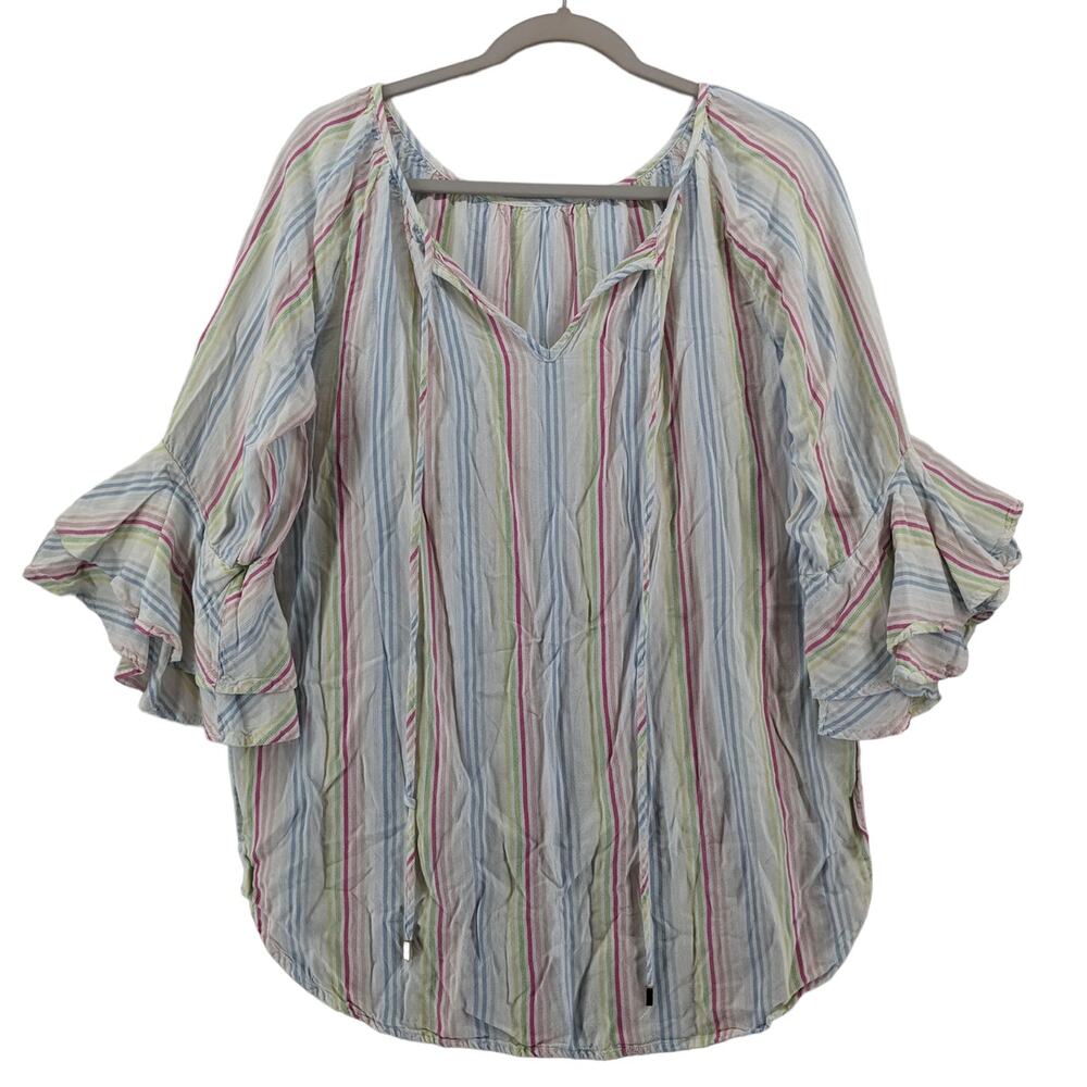 Cable & Gauge‎ Striped Top XL White Draped Keyhole Tie Front Bell Sleeve Hi Low